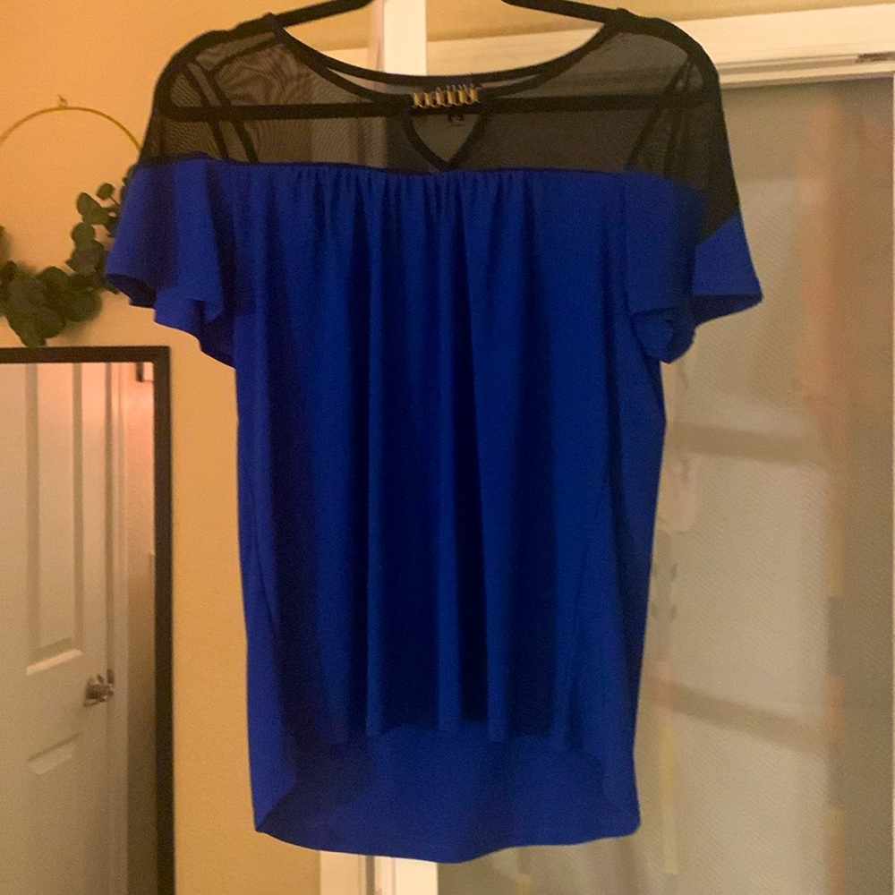 Blue and black mesh top with gold embellishment
